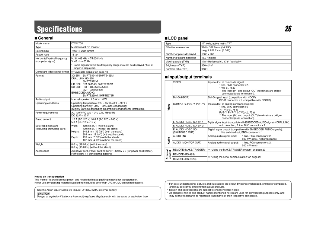 JVC DT-V17G1 specifications Specifications, General, LCD panel, Input/output terminals 