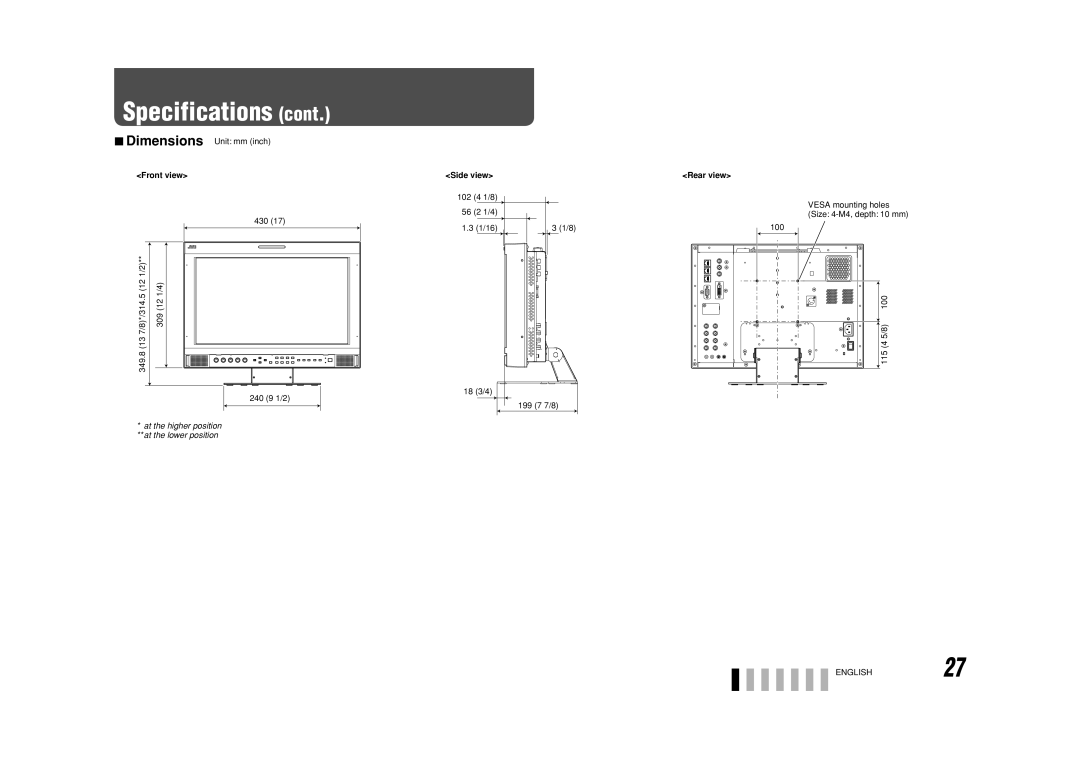 JVC DT-V17G1 specifications Front view, Side view, Rear view, ENGLISH27 