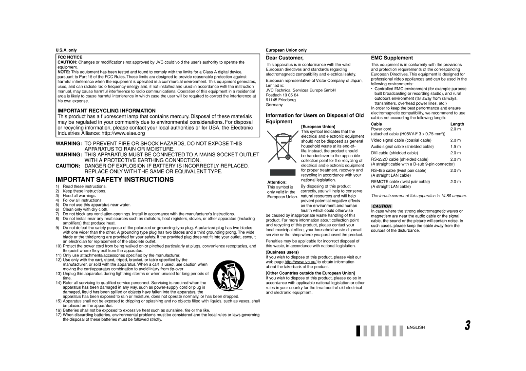 JVC DT-V17G1 specifications Dear Customer, Information for Users on Disposal of Old Equipment, EMC Supplement, FCC Notice 