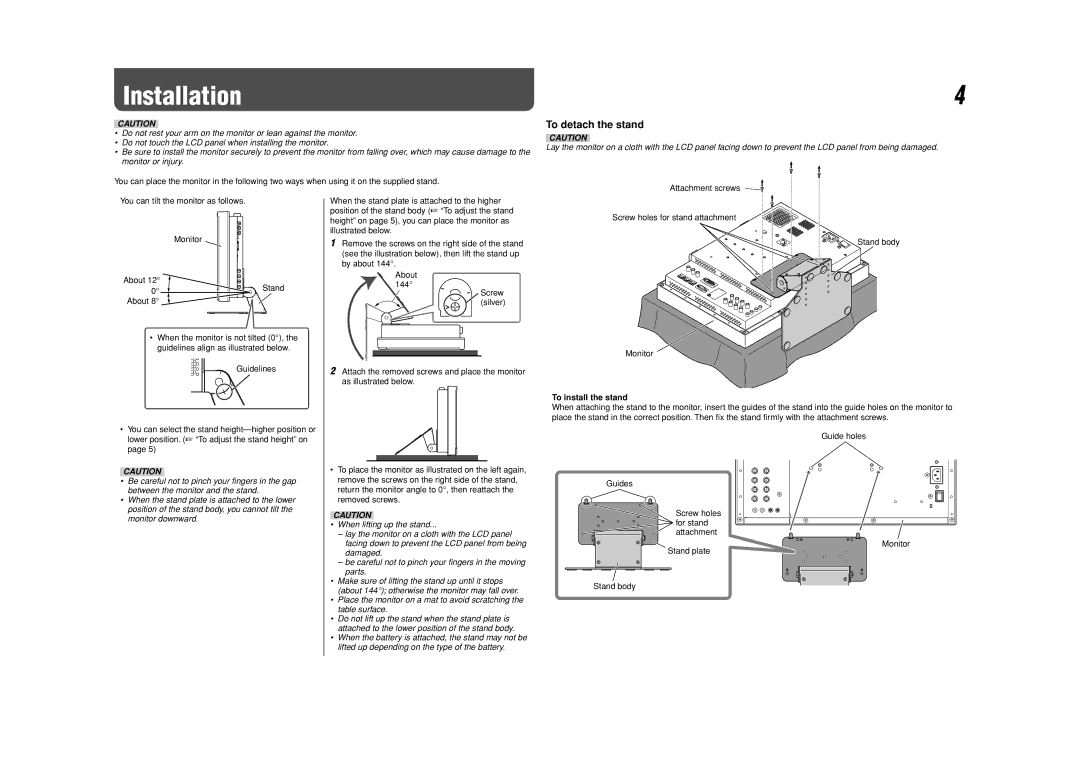 JVC DT-V17G1 Installation, To detach the stand, Screw holes for stand attachment Stand body Monitor, To install the stand 