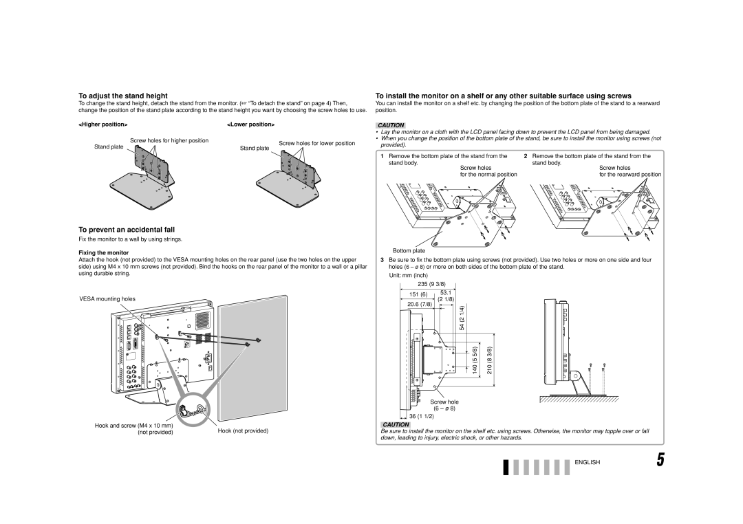 JVC DT-V17G1 To adjust the stand height, To prevent an accidental fall, Lower position, Fixing the monitor, ENGLISH5 