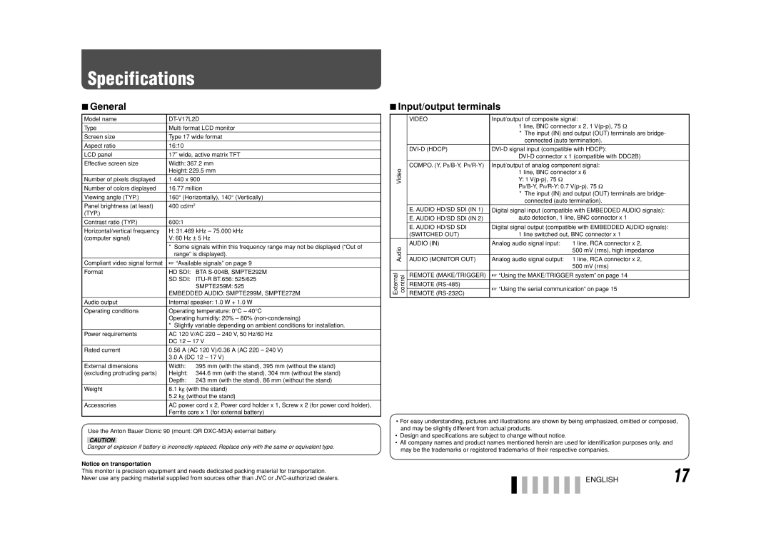 JVC DT-V17L2D manual Specifications, General, Input/output terminals 