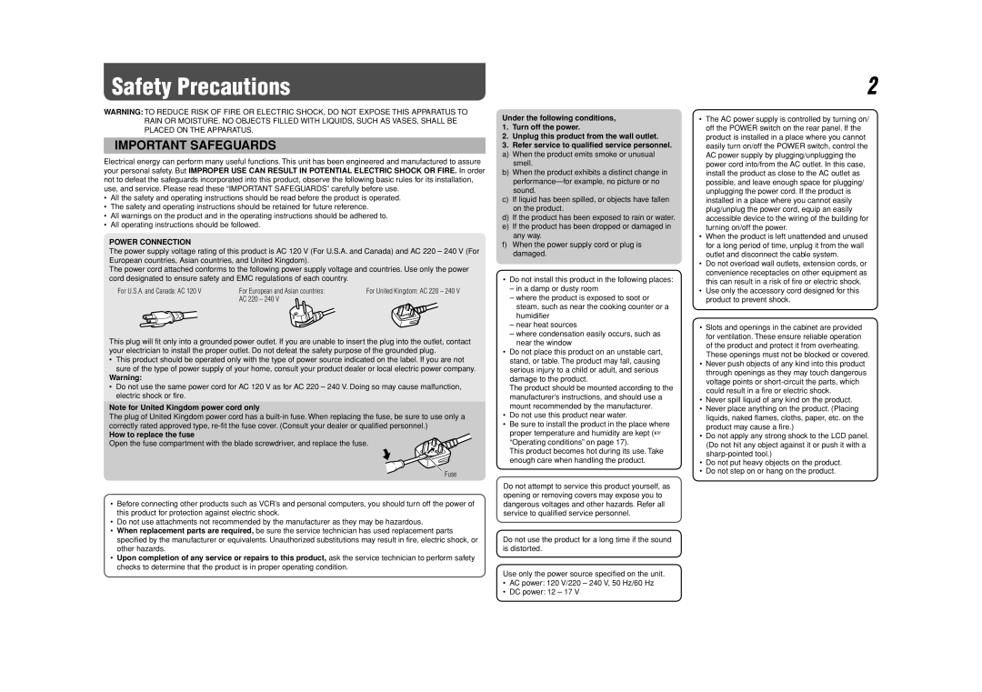 JVC DT-V17L2D Safety Precautions, Power Connection, How to replace the fuse, These openings must not be blocked or covered 