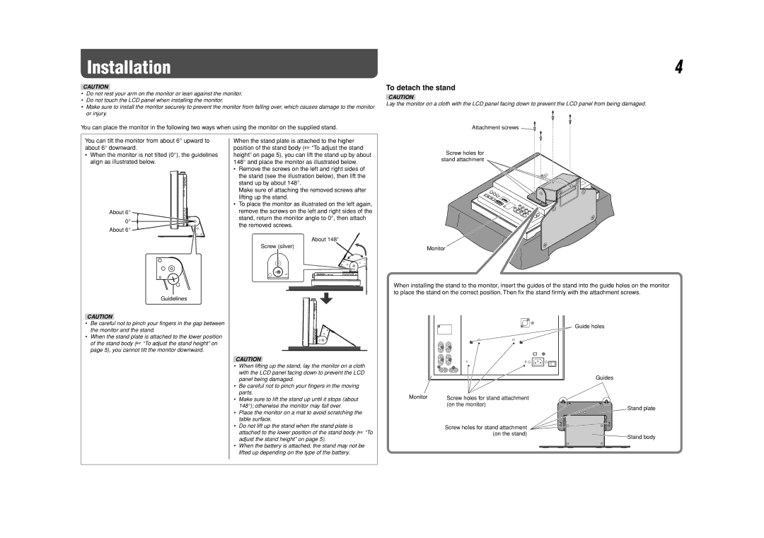 JVC DT-V17L2D manual Installation, To detach the stand 