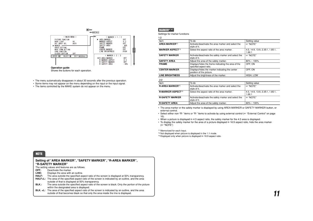 JVC DT-V17L3DY Setting of Area MARKER, Safety MARKER, R-AREA Marker, MARKER*1*2, Settings for marker functions 1/2 