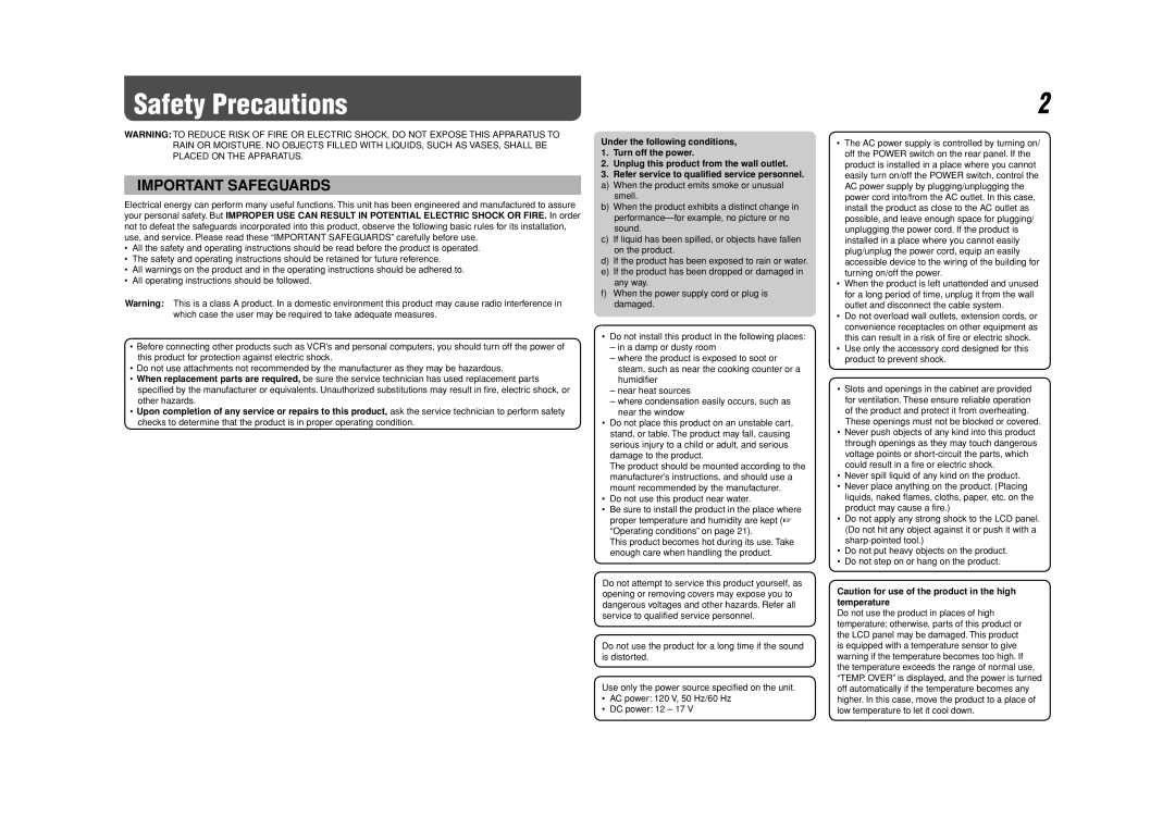 JVC DT-V17L3DY specifications Safety Precautions, These openings must not be blocked or covered 