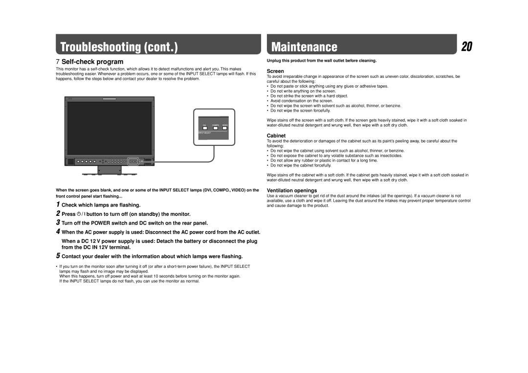 JVC DT-V17L3DY specifications Maintenance20, Screen, Cabinet, Ventilation openings 