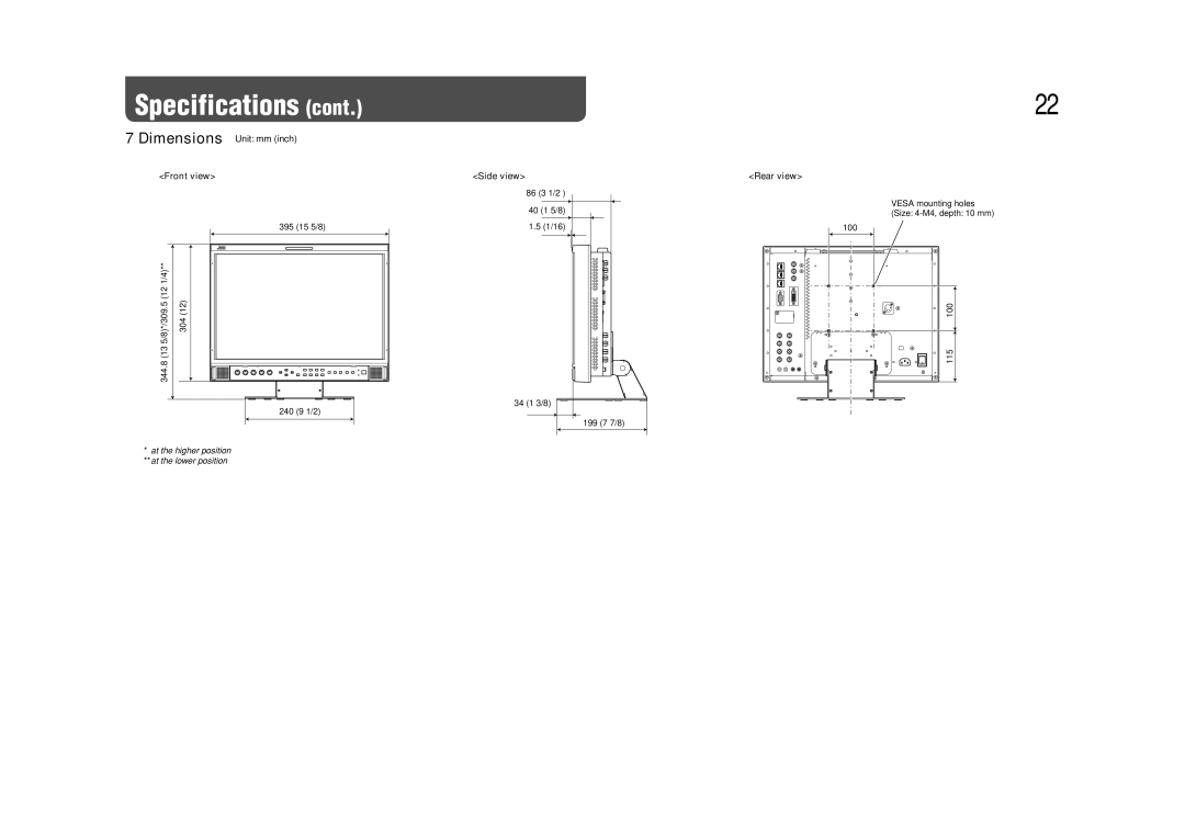 JVC DT-V17L3DY specifications Dimensions Unit mm inch, Front view, Side view, Rear view 