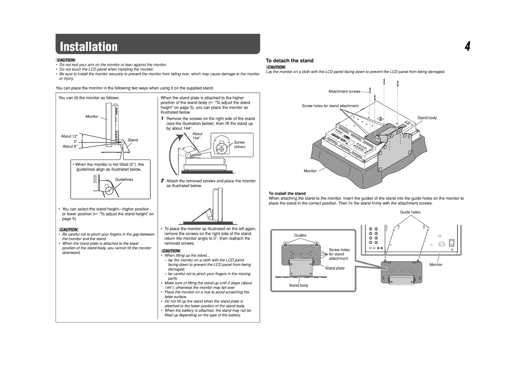 JVC DT-V17L3DY specifications Installation, To detach the stand, You can tilt the monitor as follows, To install the stand 