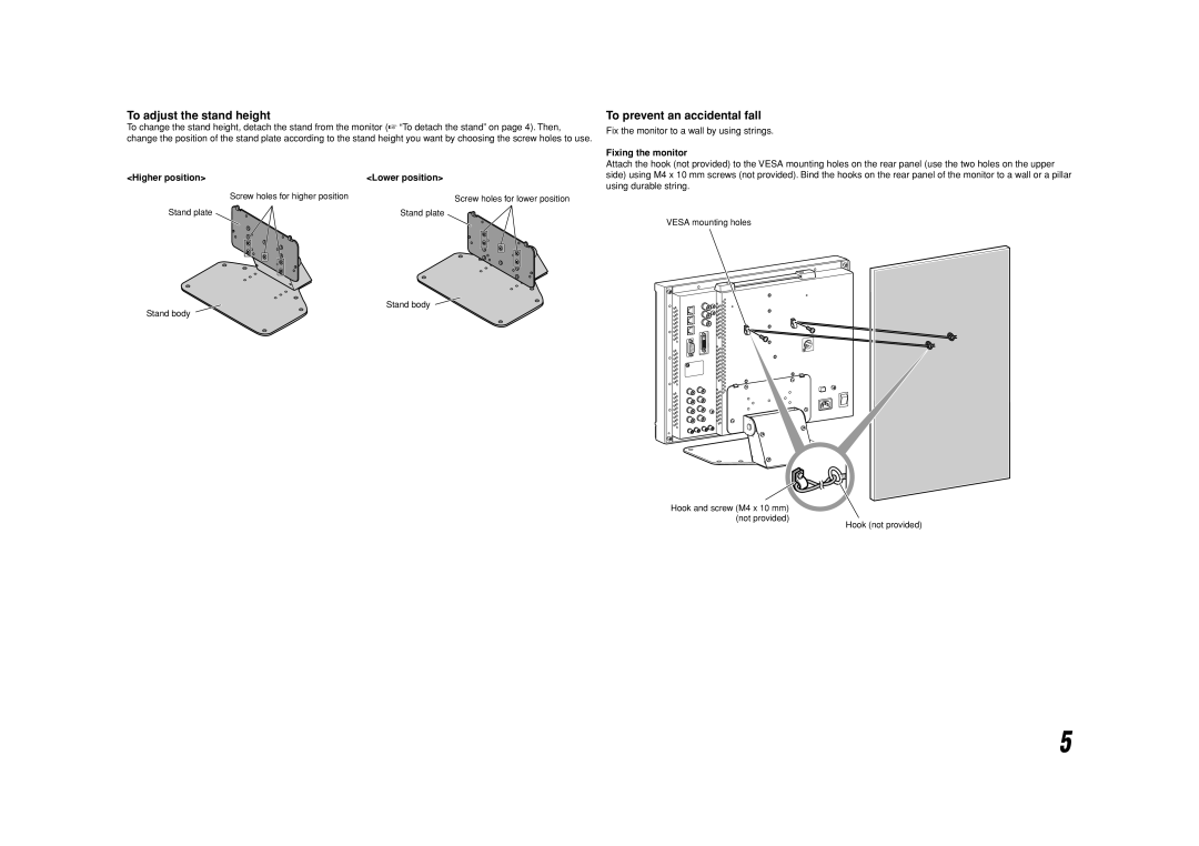 JVC DT-V17L3DY specifications To adjust the stand height, To prevent an accidental fall, Higher position Lower position 