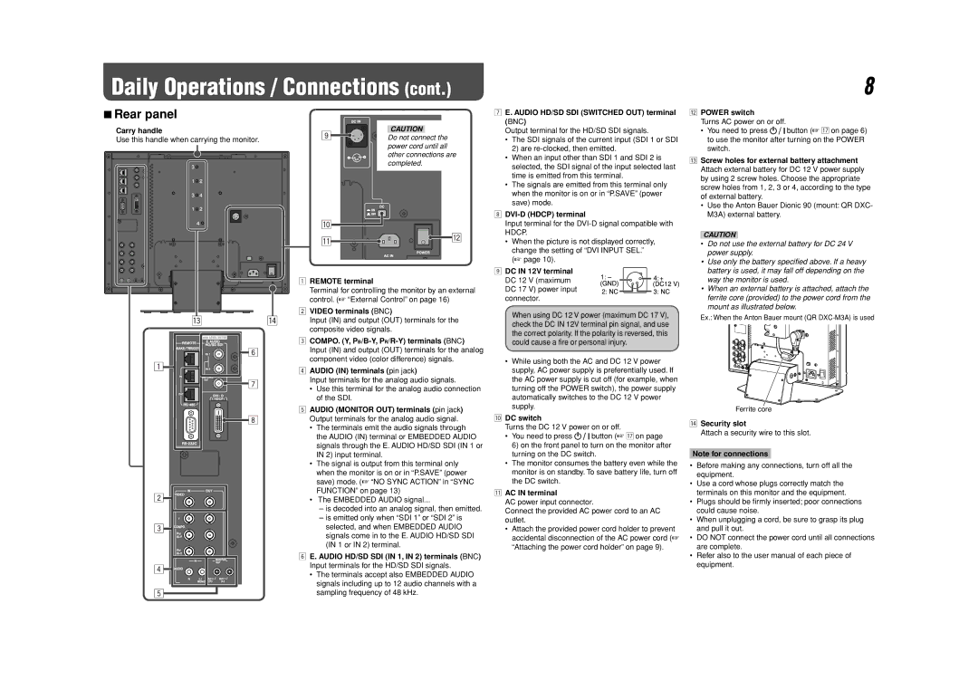 JVC DT-V17L3DY specifications Daily Operations / Connections, Rear panel 