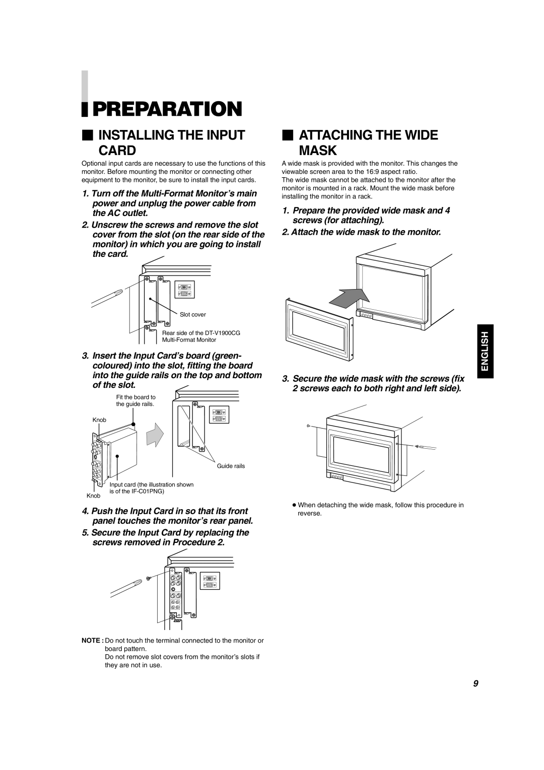 JVC DT-V1900CG manual Preparation,  Installing the Input Card,  Attaching the Wide Mask 