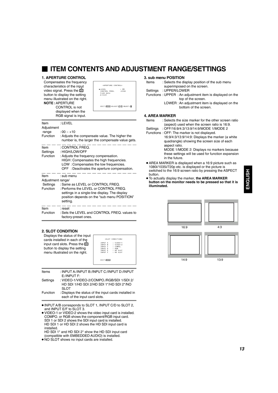 JVC DT-V1900CG manual  Item Contents and Adjustment RANGE/SETTINGS 