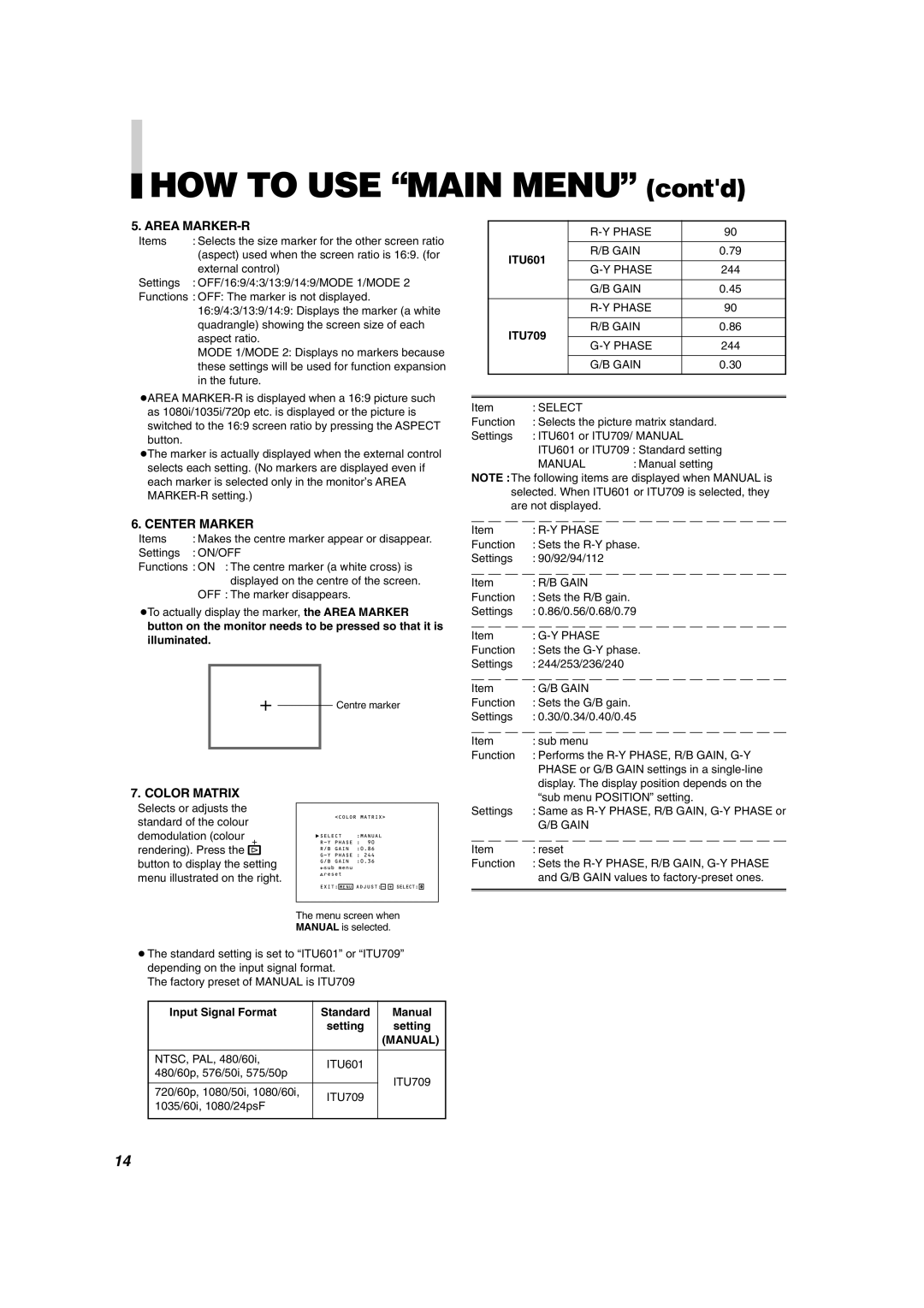 JVC DT-V1900CG manual HOW to USE Main Menu contd, Area MARKER-R, Center Marker, Color Matrix 