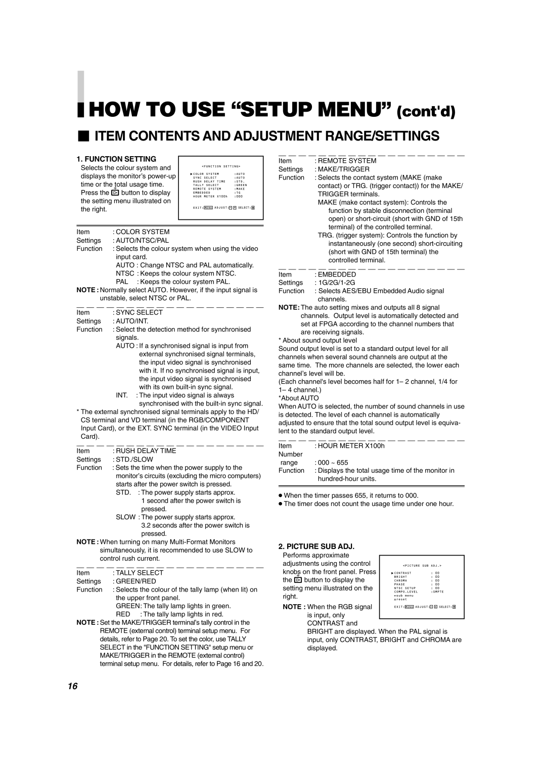 JVC DT-V1900CG manual HOW to USE Setup Menu contd, Function Setting, Picture SUB ADJ 