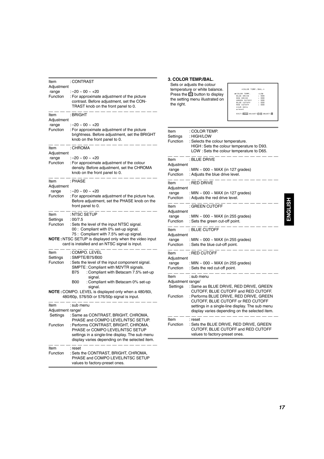 JVC DT-V1900CG manual Color TEMP./BAL 