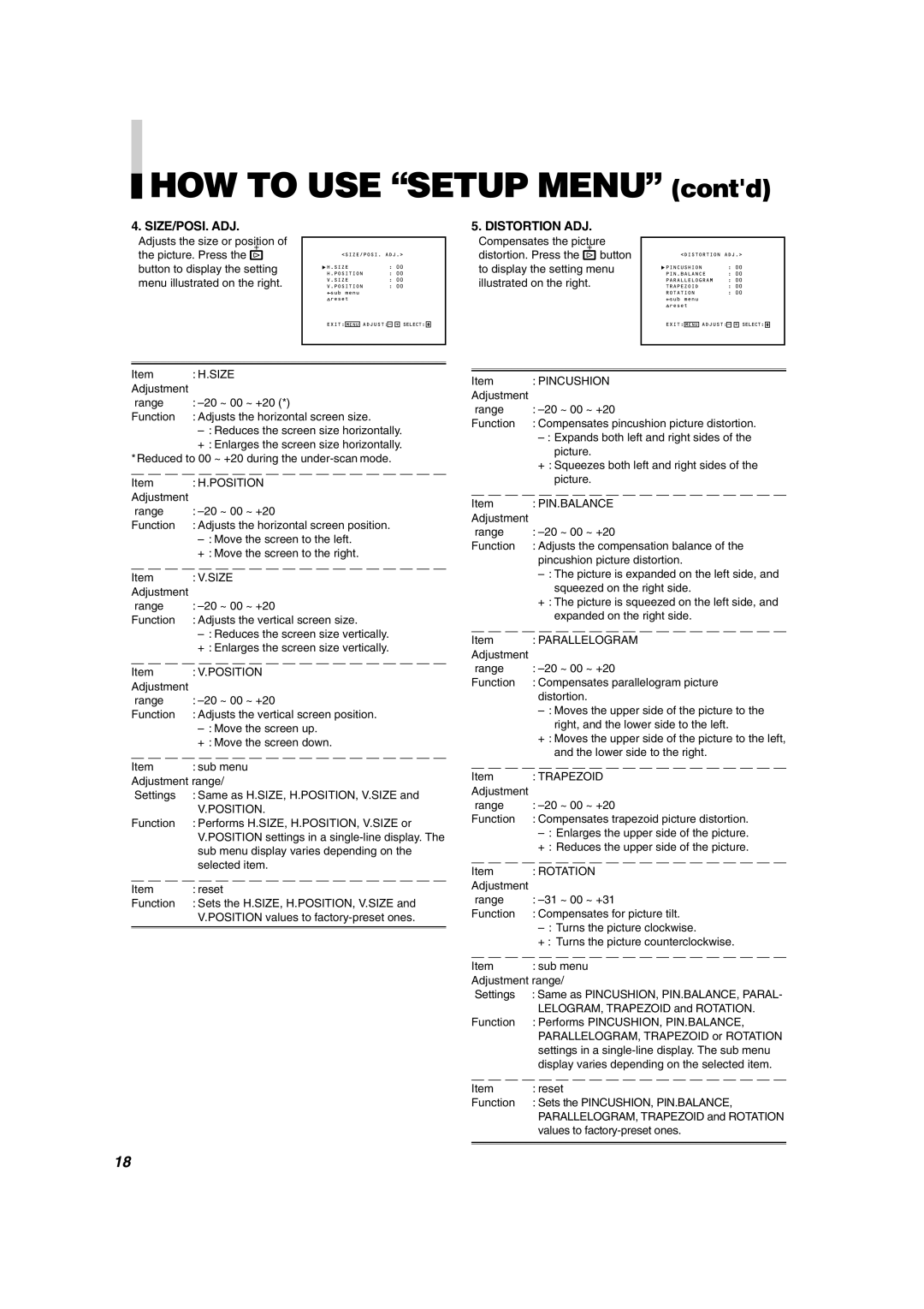 JVC DT-V1900CG manual Size/Posi. Adj, Distortion ADJ 