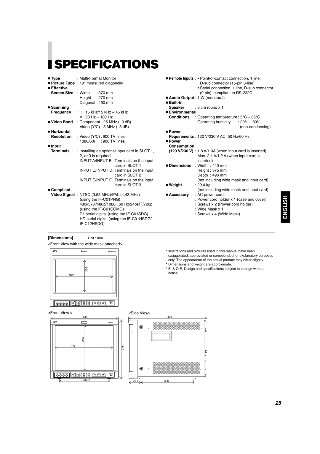 JVC DT-V1900CG manual Specifications 