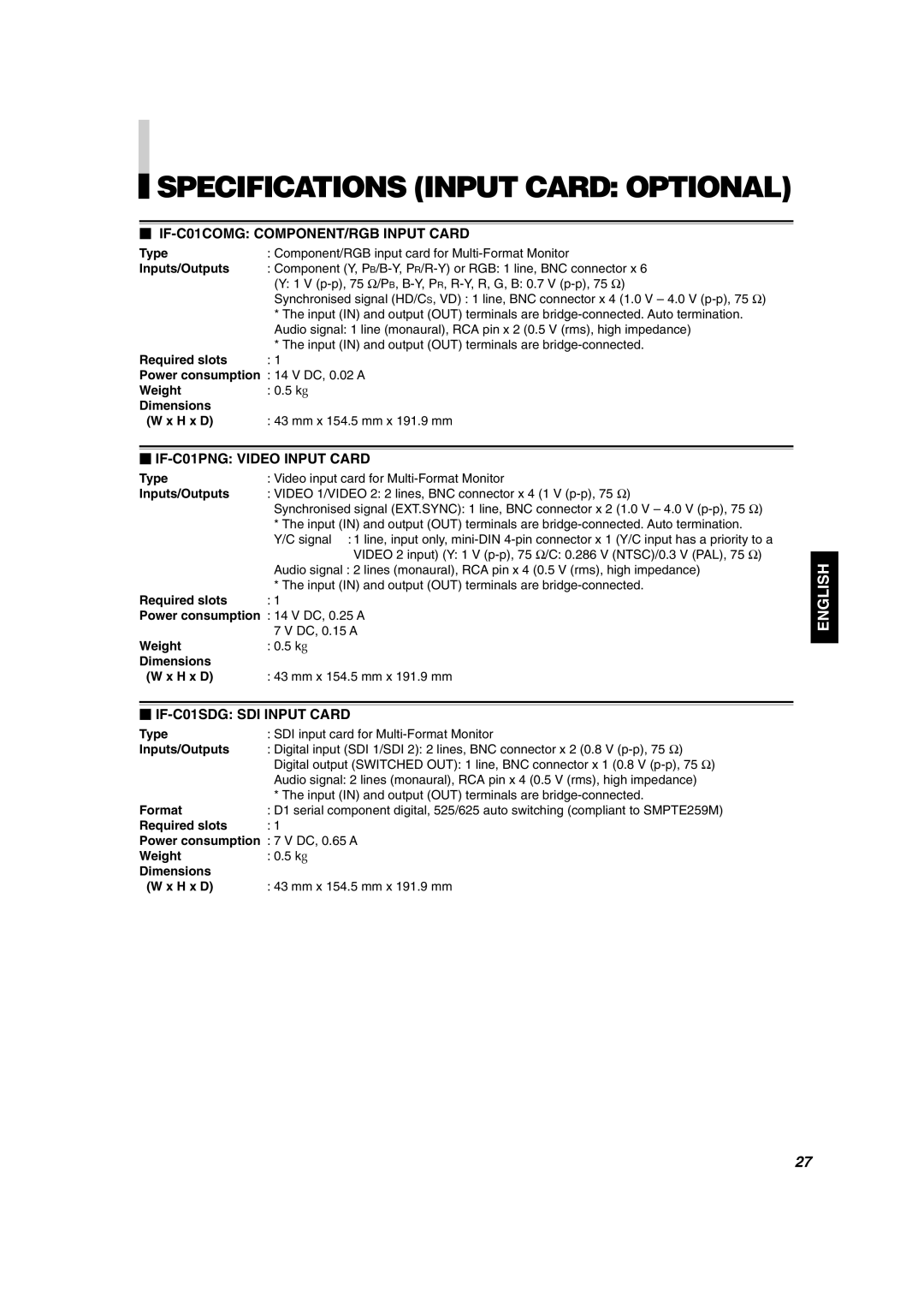 JVC DT-V1900CG manual Type, Inputs/Outputs, Required slots Power consumption, Weight, Dimensions H x D, Format 