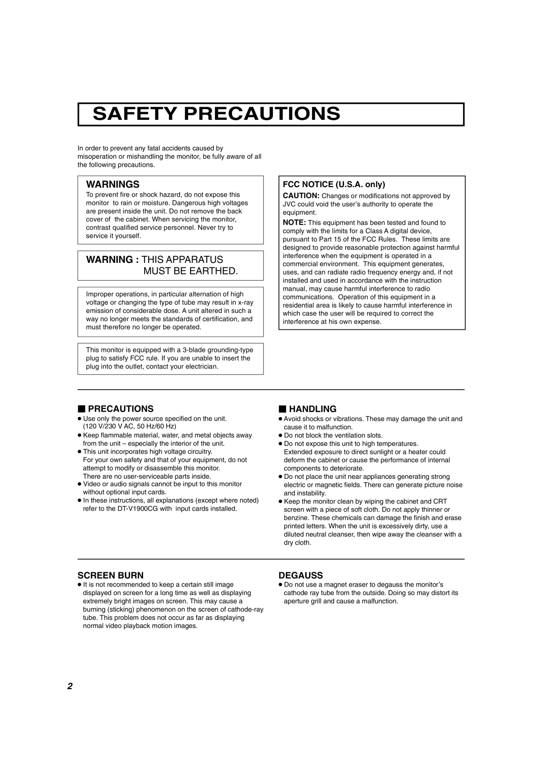 JVC DT-V1900CG manual Safety Precautions, FCC Notice U.S.A. only 