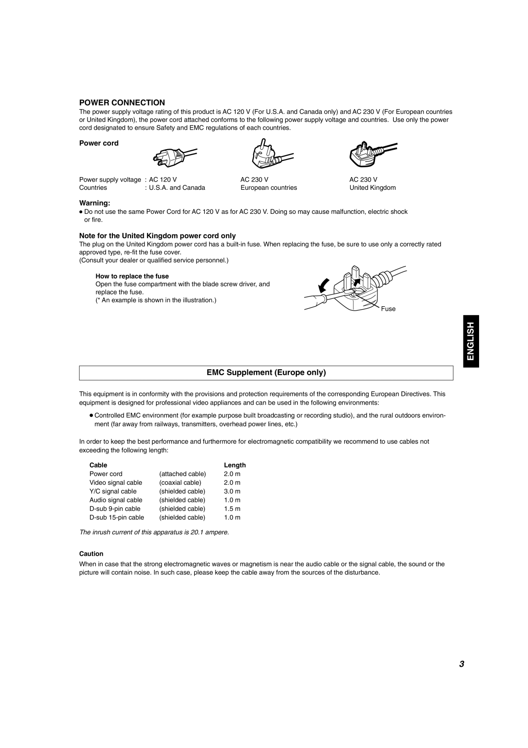 JVC DT-V1900CG manual EMC Supplement Europe only, Power cord, How to replace the fuse, Cable Length 