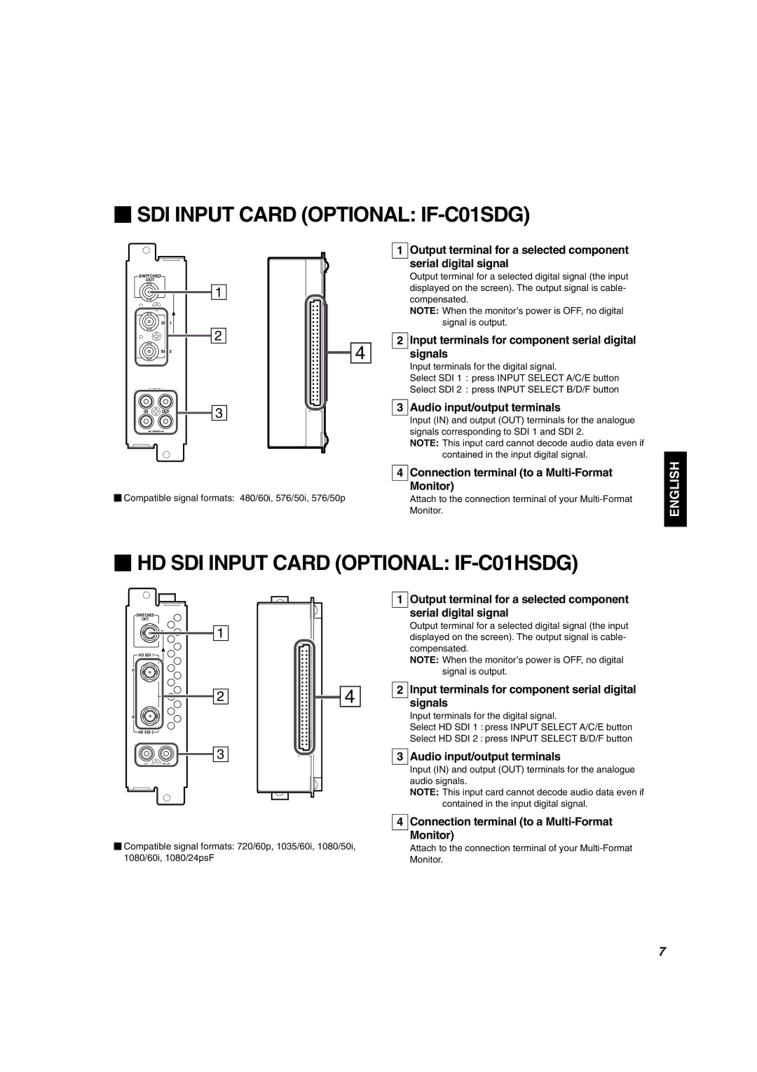 JVC DT-V1900CG manual  SDI Input Card Optional IF-C01SDG,  HD SDI Input Card Optional IF-C01HSDG, Monitor 