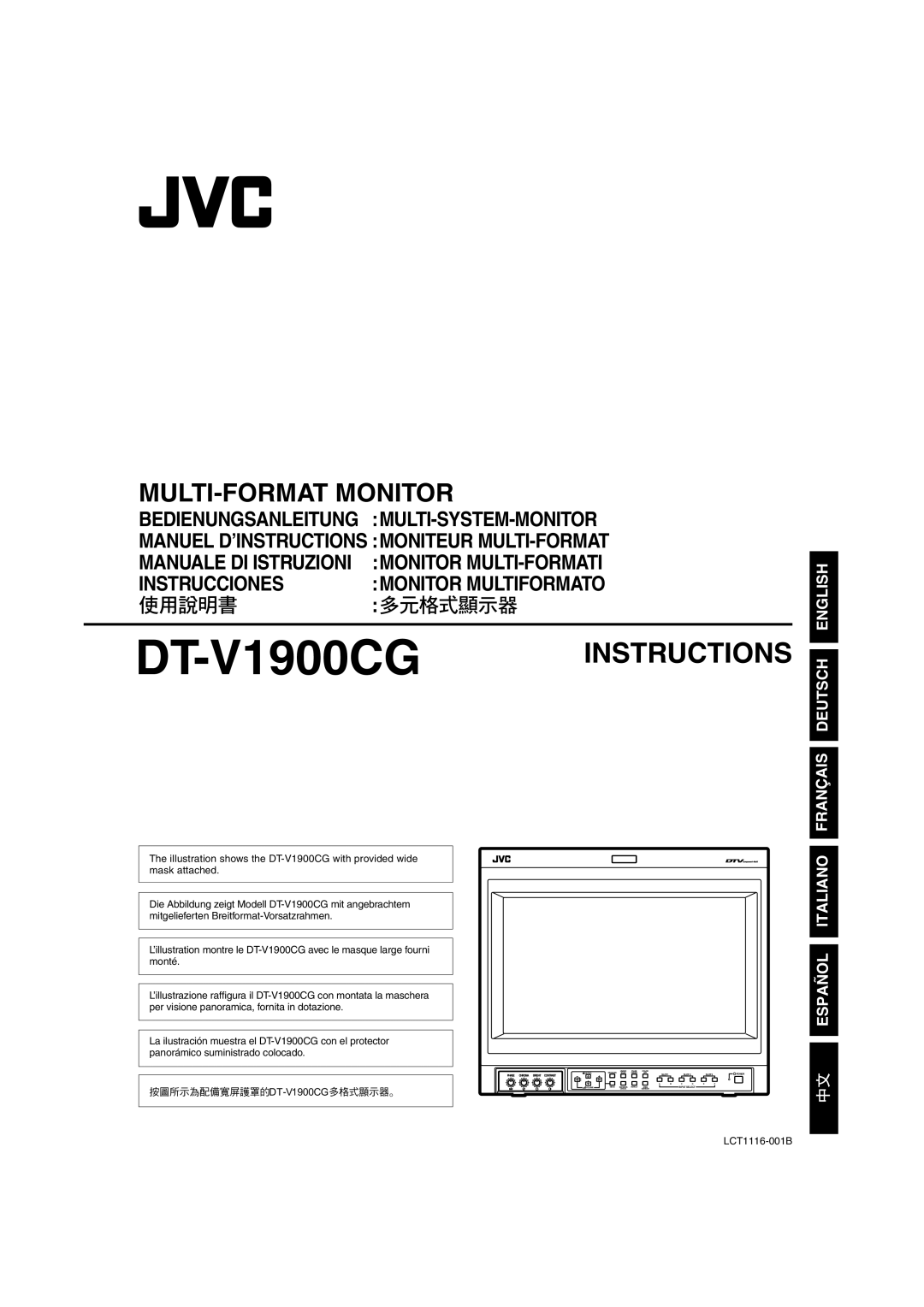 JVC manual Multi-Format Monitor, Manuale Di Istruzioni, DT-V1900CG INSTRUCTIONS, Instrucciones, Multi-System-Monitor 