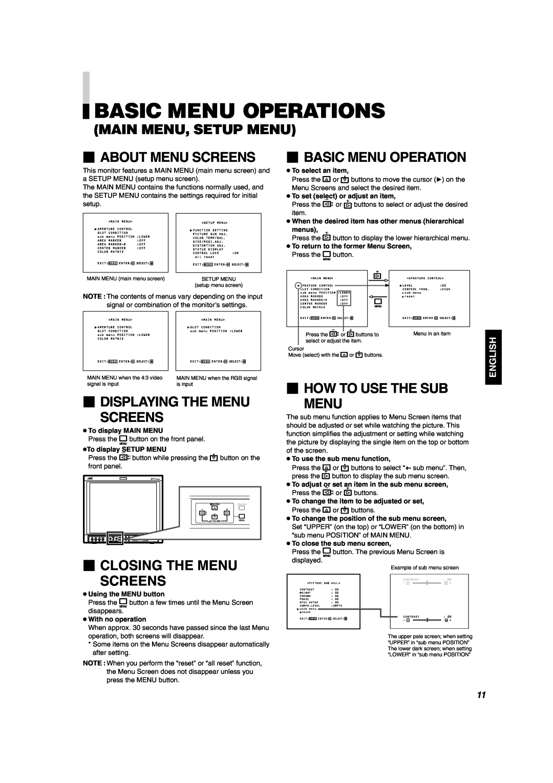 JVC DT-V1900CG manual Basic Menu Operations, Main Menu, Setup Menu,  About Menu Screens,  Basic Menu Operation, English 