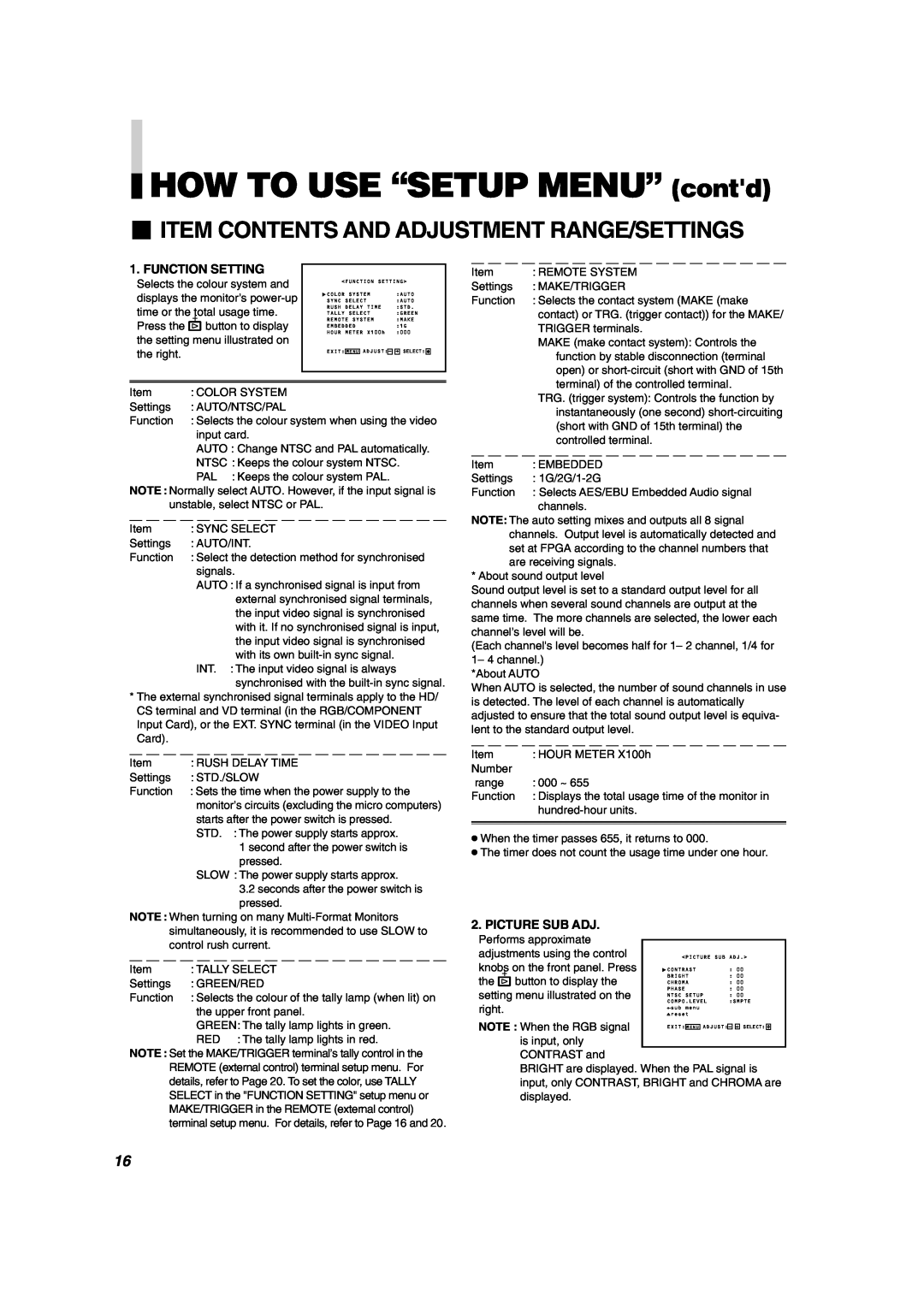JVC DT-V1900CG manual HOW TO USE “SETUP MENU” contd,  Item Contents And Adjustment Range/Settings, Function Setting 