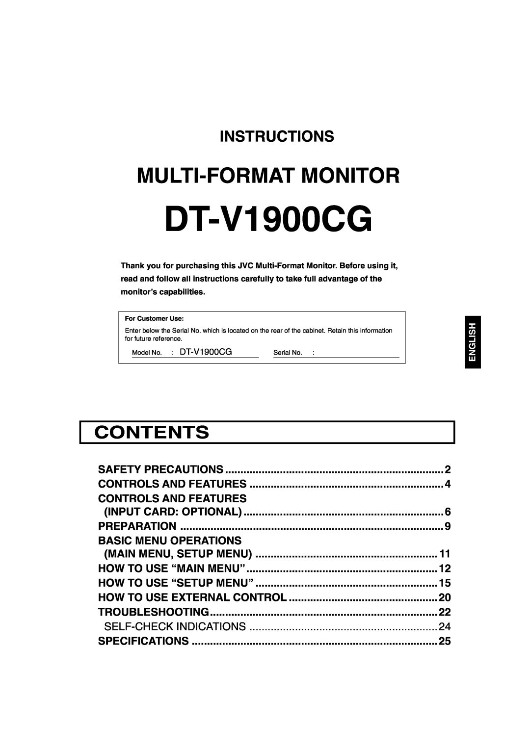 JVC DT-V1900CG manual Contents, Instructions, Controls And Features, Basic Menu Operations, Multi-Format Monitor 