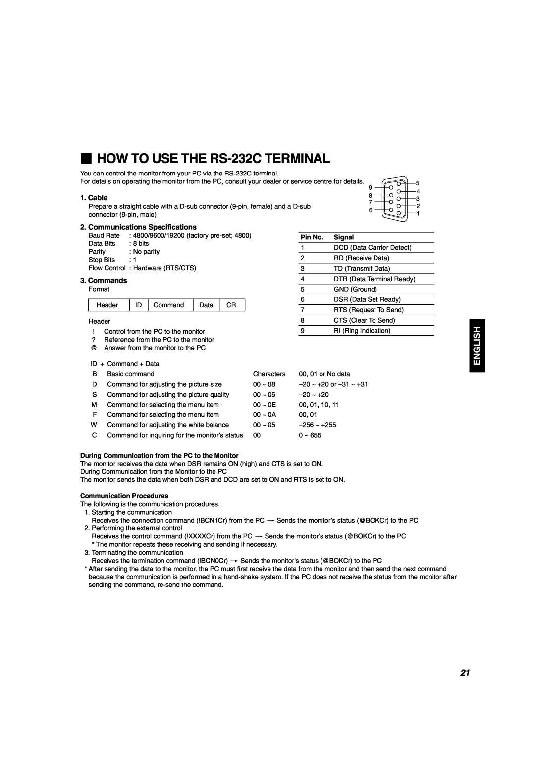 JVC DT-V1900CG manual  HOW TO USE THE RS-232C TERMINAL, English, Cable, Communications Specifications, Commands 