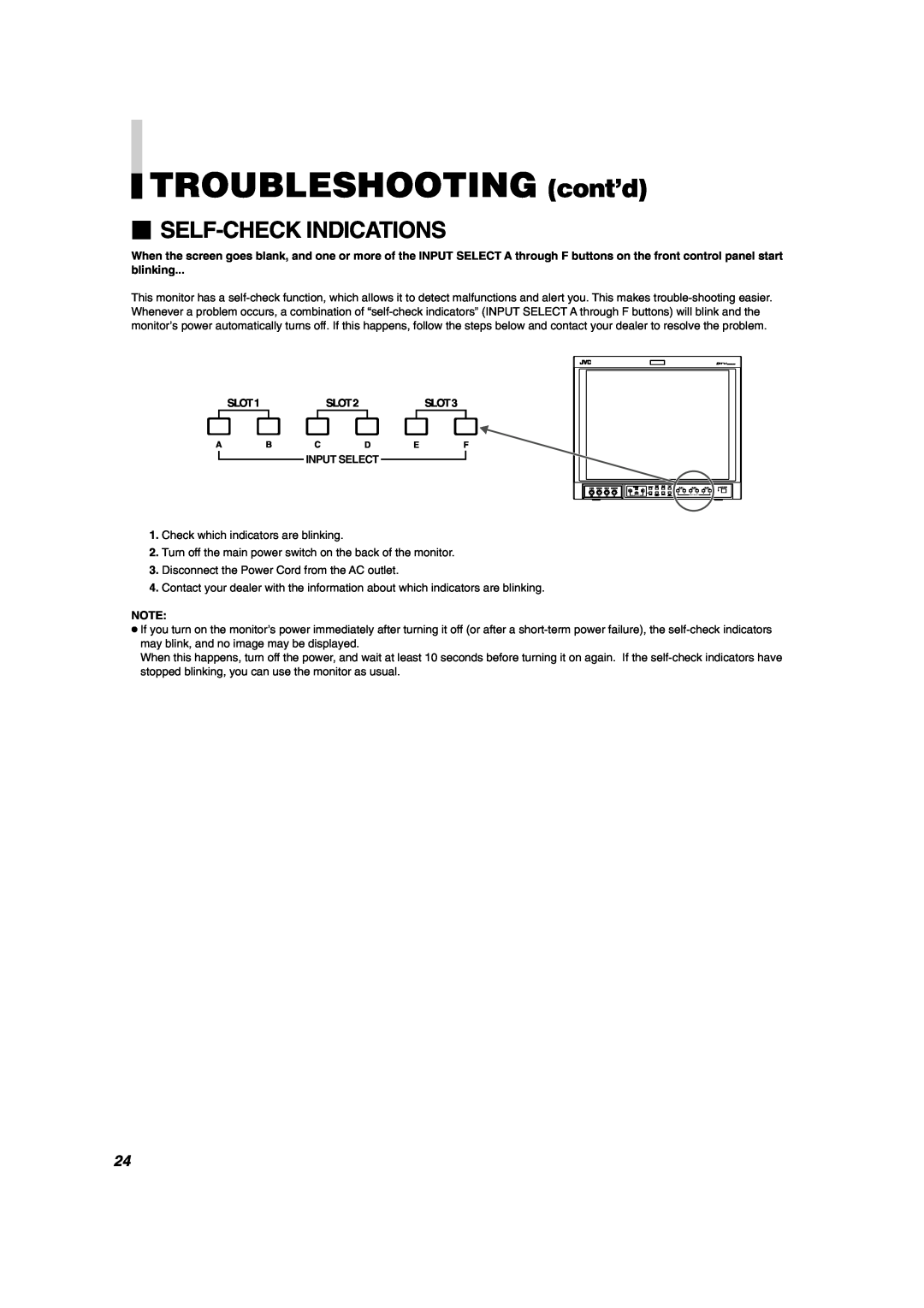 JVC DT-V1900CG manual TROUBLESHOOTING cont’d,  Self-Check Indications 