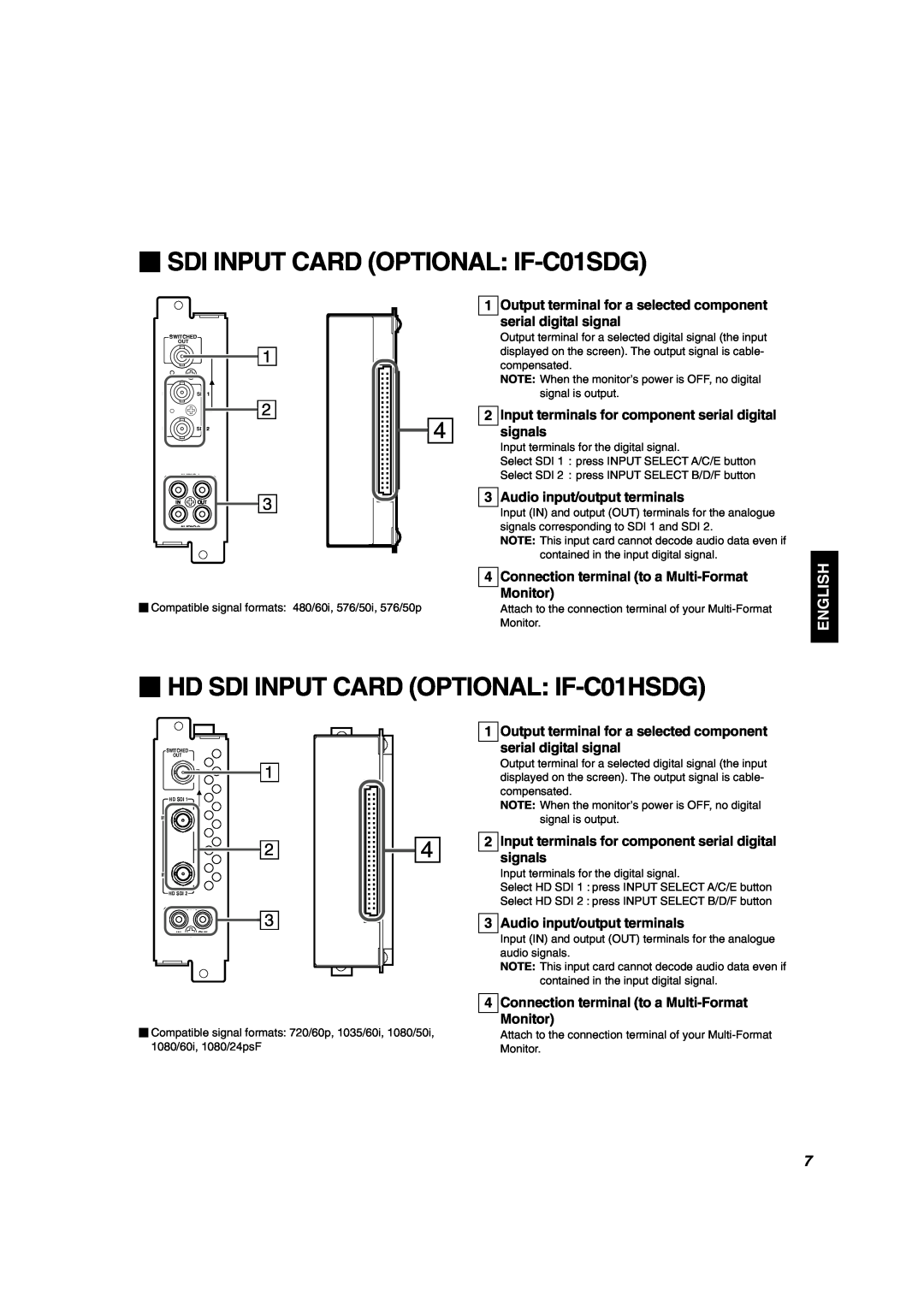 JVC DT-V1900CG manual  SDI INPUT CARD OPTIONAL IF-C01SDG,  HD SDI INPUT CARD OPTIONAL IF-C01HSDG, English 
