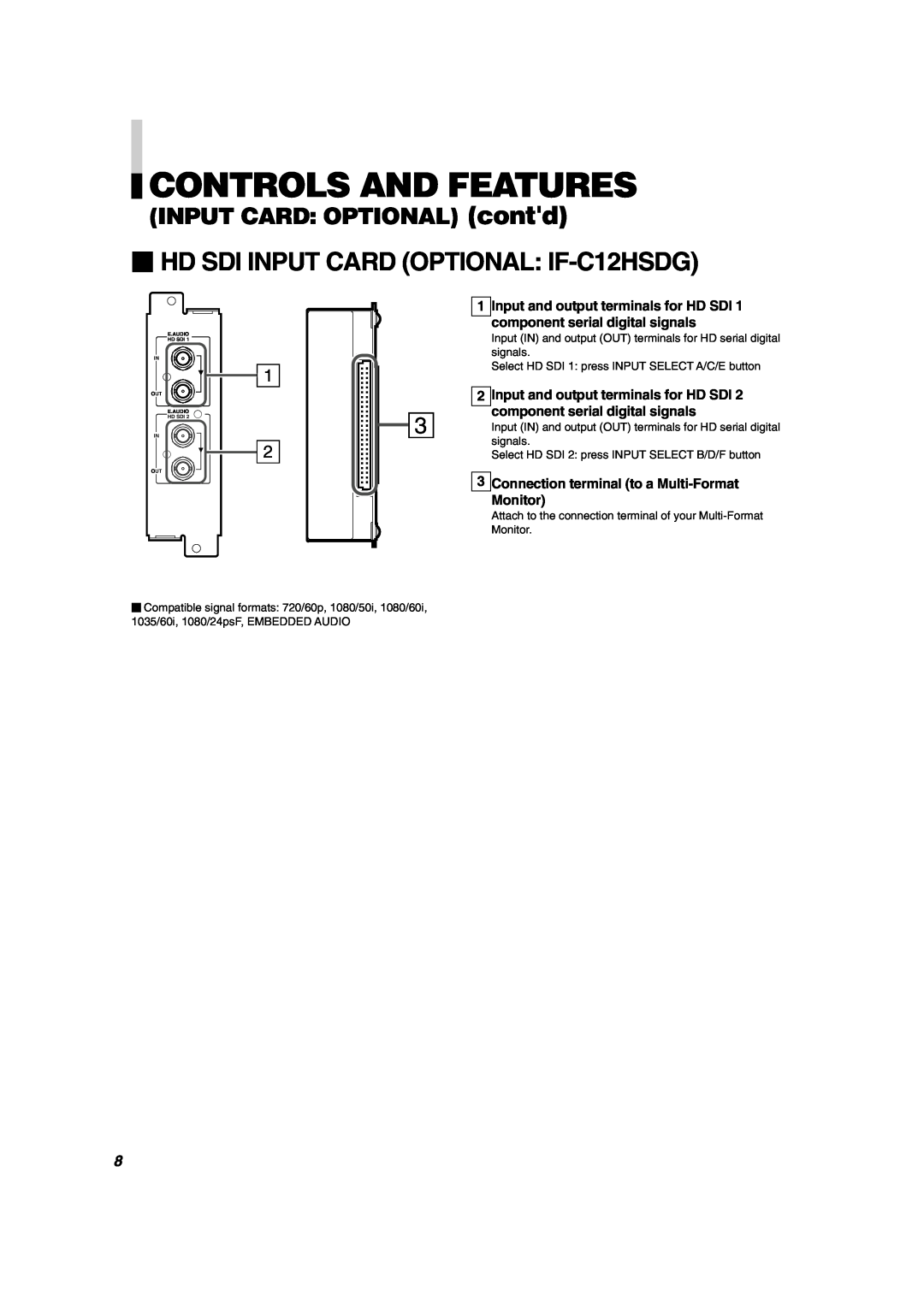 JVC DT-V1900CG manual  HD SDI INPUT CARD OPTIONAL IF-C12HSDG, INPUT CARD OPTIONAL contd, Controls And Features 