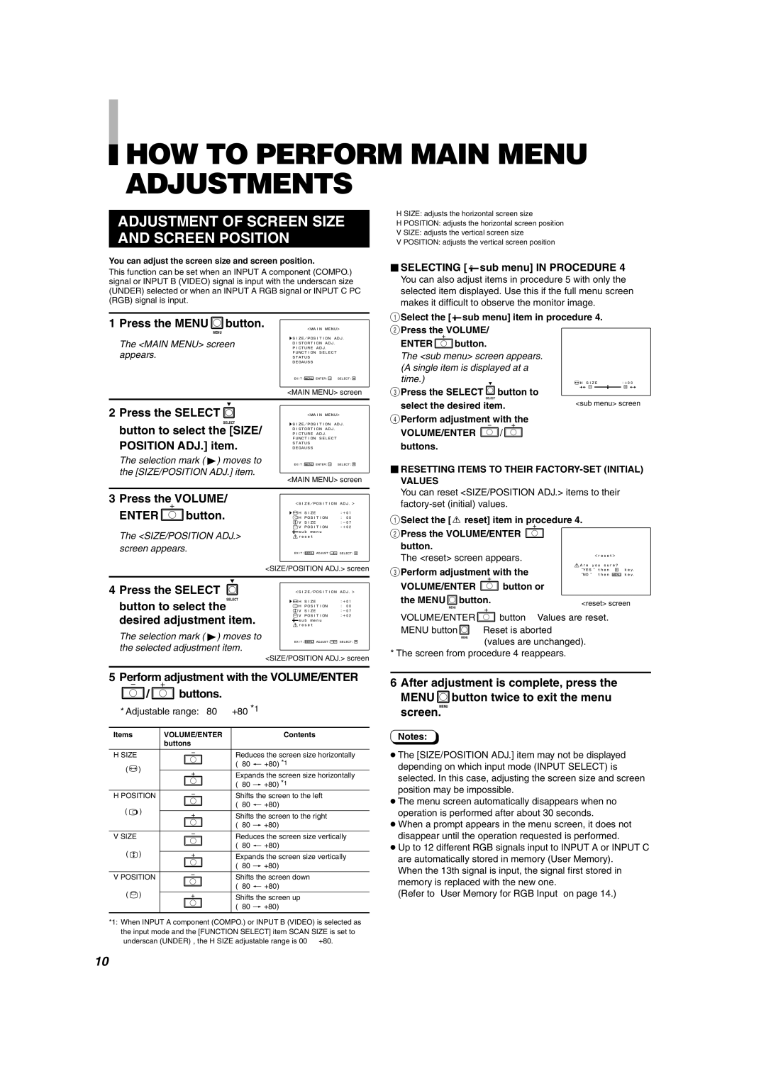 JVC DT-V2000SU manual HOW to Perform Main Menu Adjustments, Adjustment of Screen Size and Screen Position, Volume, Enter 