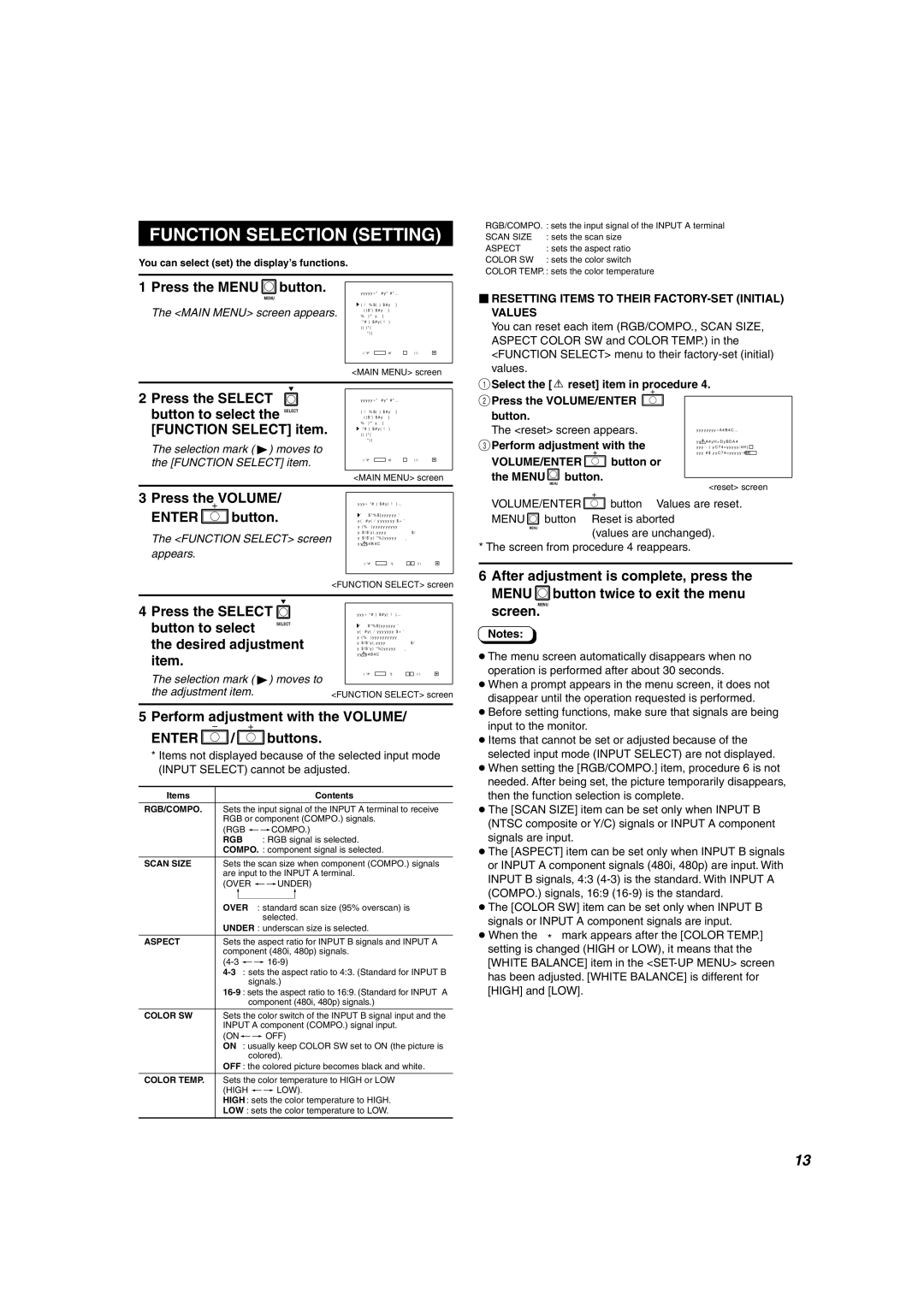 JVC DT-V2000SU manual Function Selection Setting, Function Select item, You can select set the display’s functions 