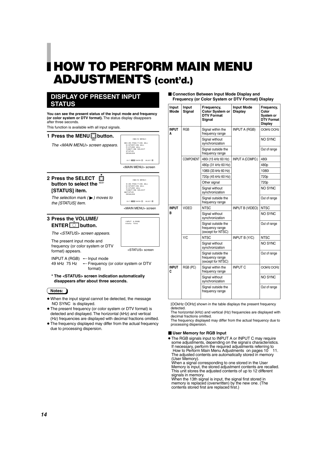 JVC DT-V2000SU manual Display of Present Input Status, Selection mark 4 moves to Status item, Format appears 