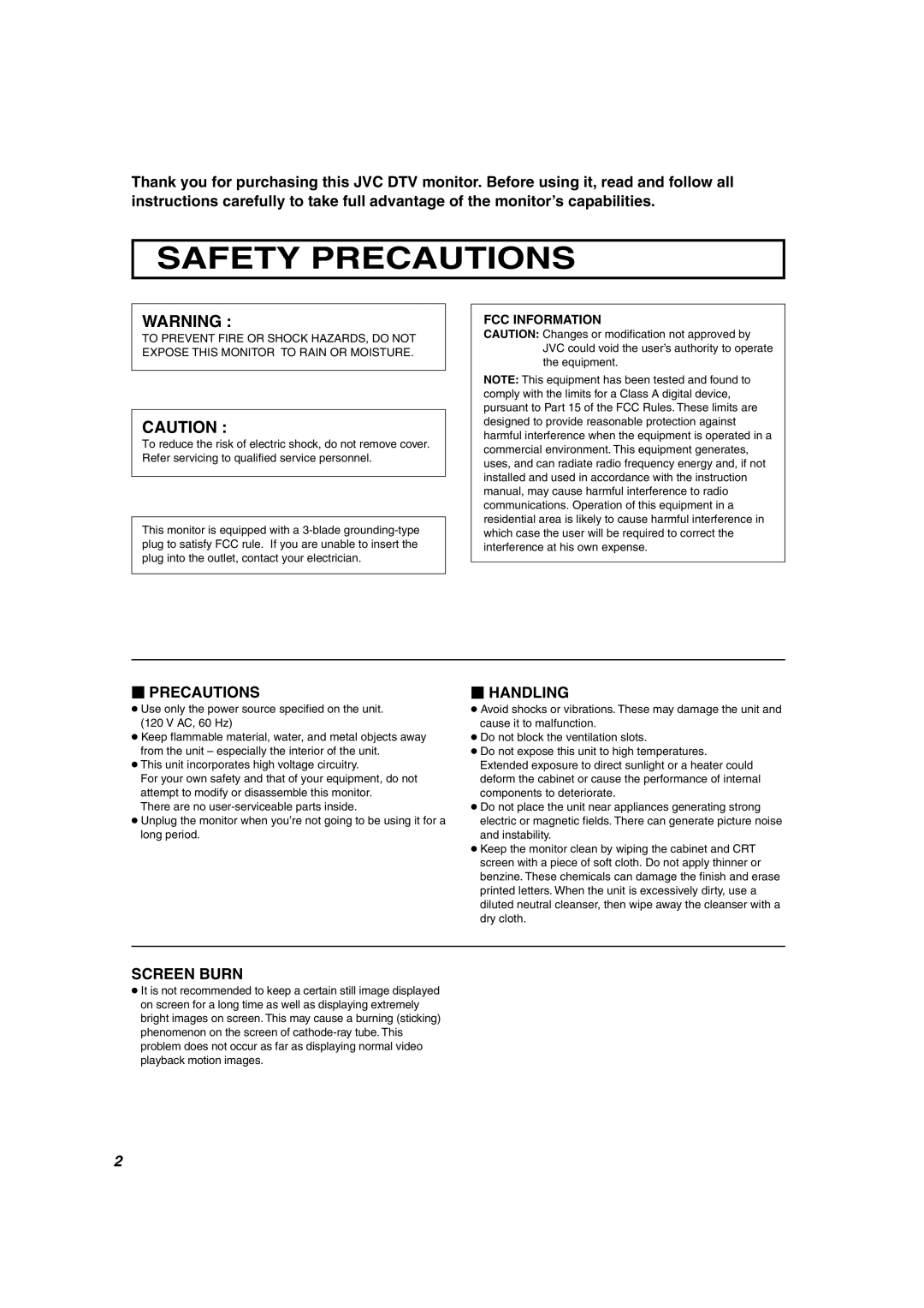 JVC DT-V2000SU manual Safety Precautions 