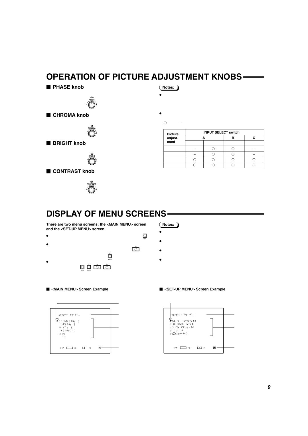 JVC DT-V2000SU manual Operation of Picture Adjustment Knobs, Display of Menu Screens, Button,  Main Menu Screen Example 