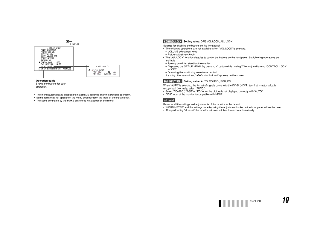 JVC DT-V20L3G, DT-V24G1, 0110SKH-MW-MT specifications All reset, ENGLISH19 