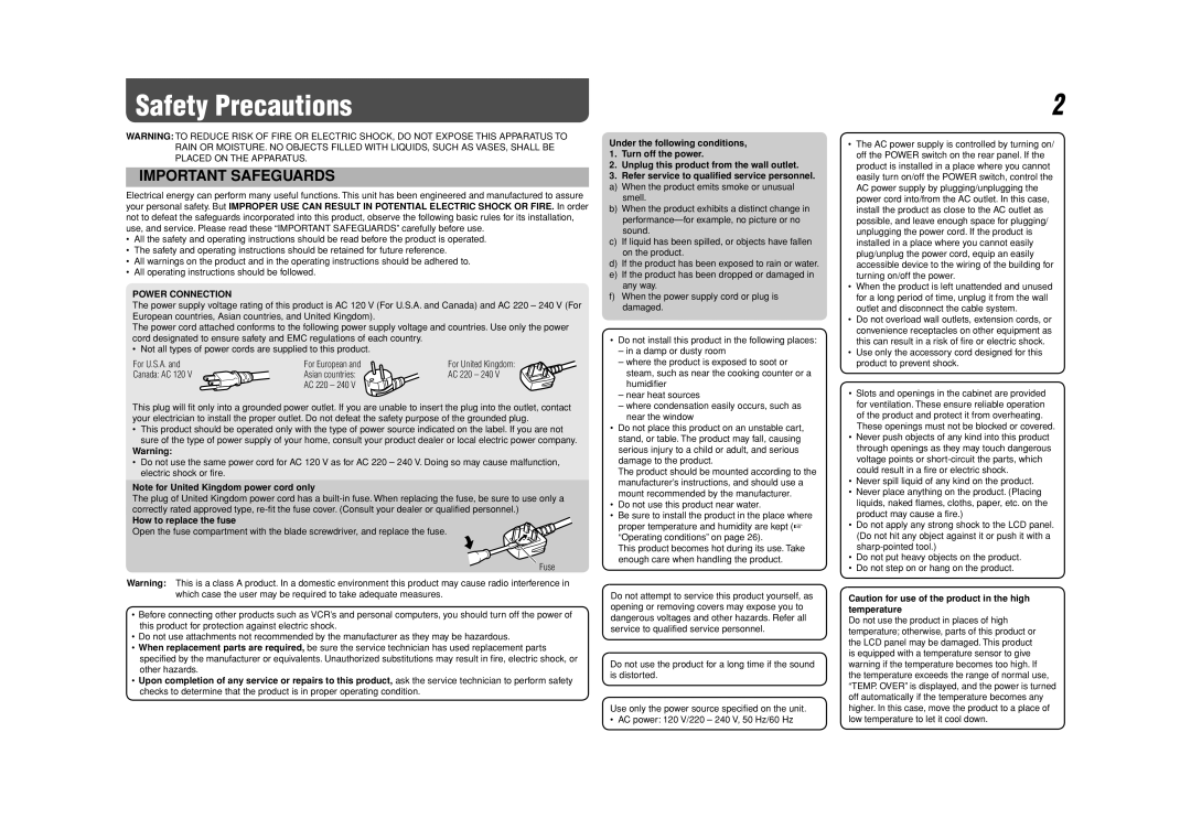 JVC 0110SKH-MW-MT, DT-V24G1, DT-V20L3G specifications Safety Precautions, Power Connection, How to replace the fuse 