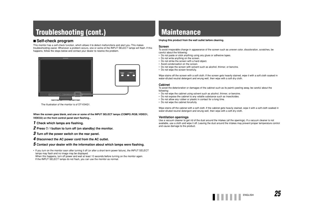 JVC DT-V20L3G, DT-V24G1, 0110SKH-MW-MT specifications Maintenance, Self-check program 