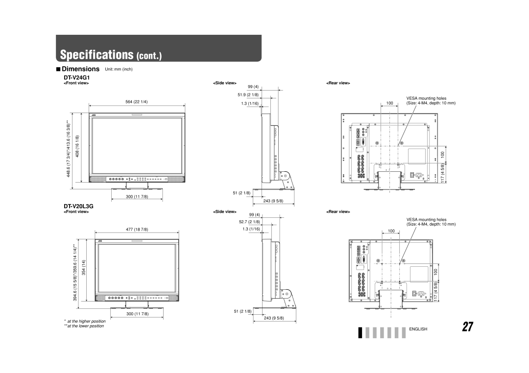 JVC DT-V24G1, DT-V20L3G, 0110SKH-MW-MT specifications Front view, Side view, ENGLISH27 