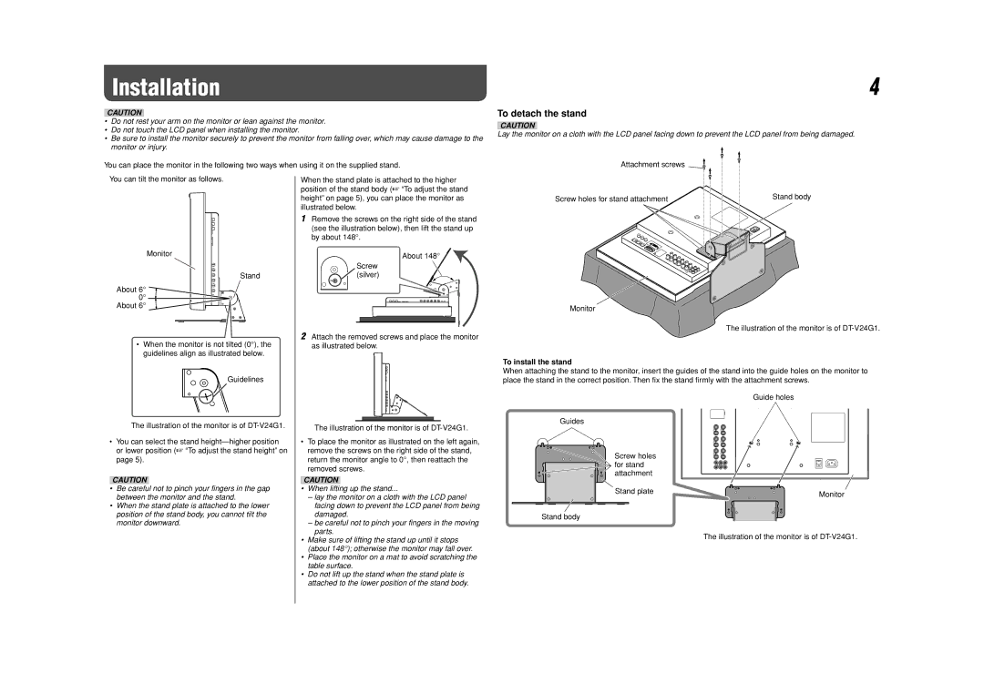 JVC DT-V20L3G, DT-V24G1, 0110SKH-MW-MT specifications Installation, To detach the stand, To install the stand 