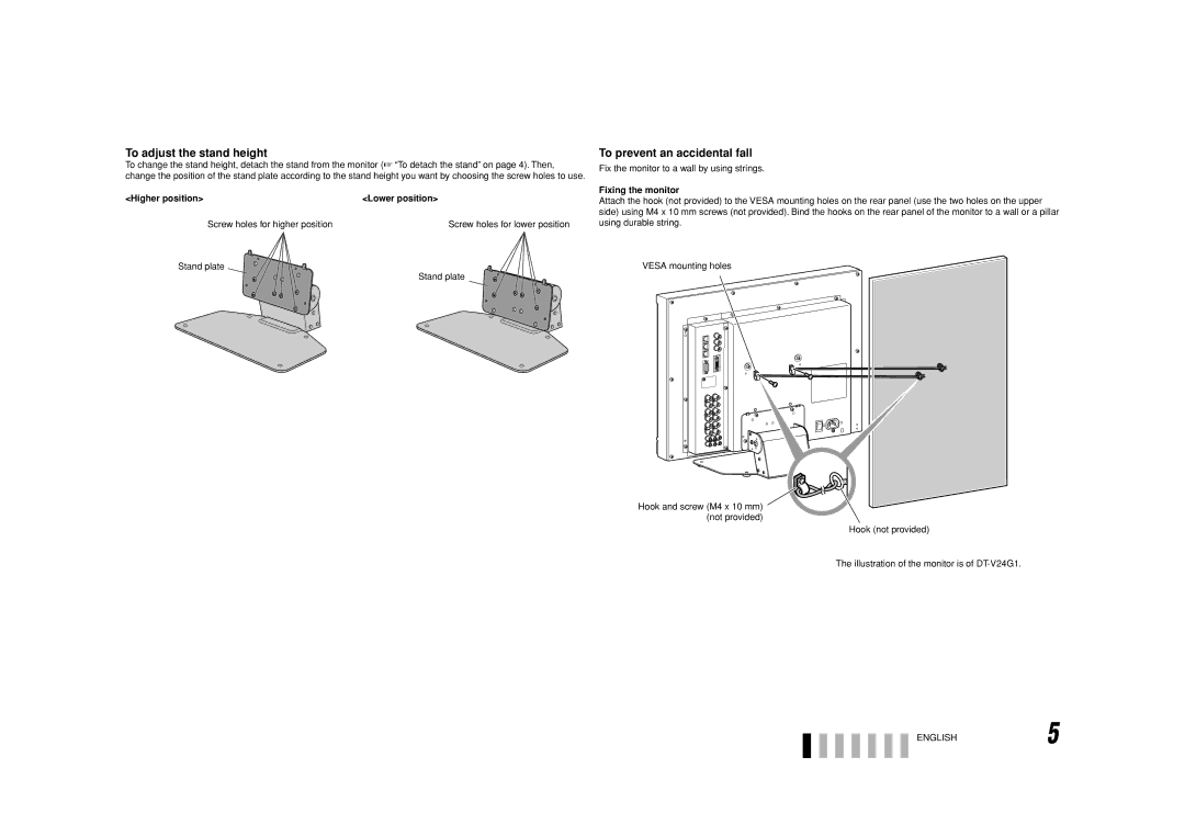 JVC 0110SKH-MW-MT To adjust the stand height, To prevent an accidental fall, Higher position Lower position, ENGLISH5 