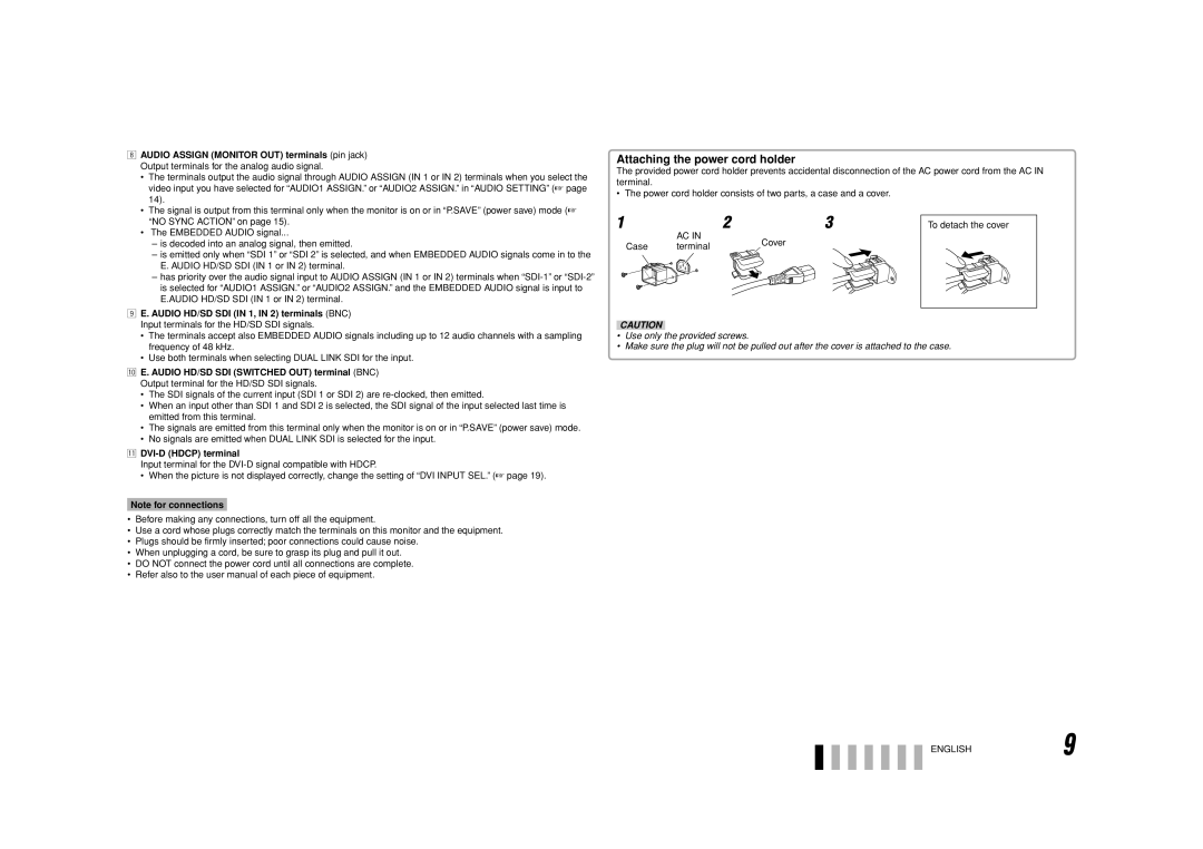 JVC DT-V24G1, DT-V20L3G, 0110SKH-MW-MT specifications Attaching the power cord holder, DVI-D Hdcp terminal, ENGLISH9 