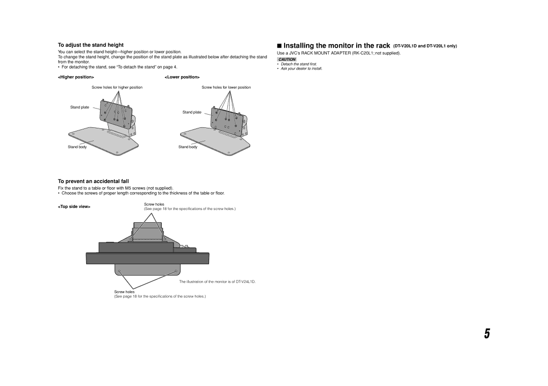 JVC DT-V20L1 To adjust the stand height, To prevent an accidental fall, Higher position Lower position, Top side view 