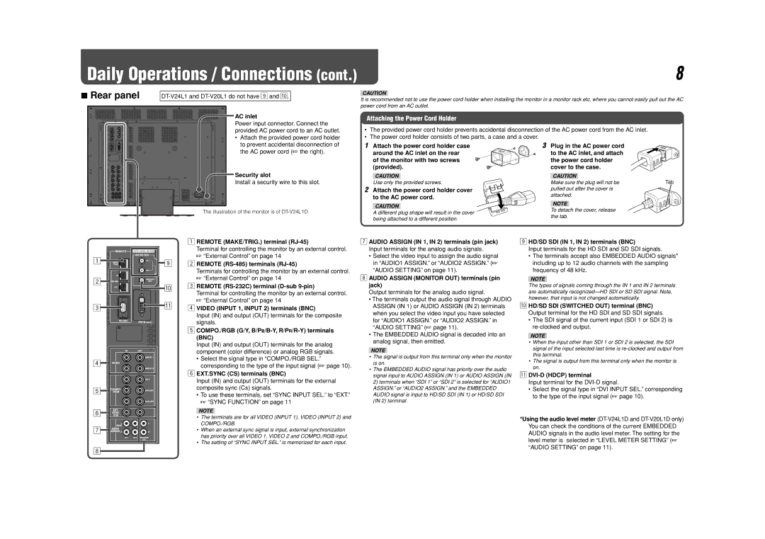 JVC DT-V24L1D, DT-V20L1D specifications Rear panel, Attaching the Power Cord Holder 