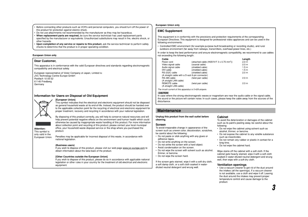 JVC DT-V24L1D, DT-V20L1D specifications Maintenance 