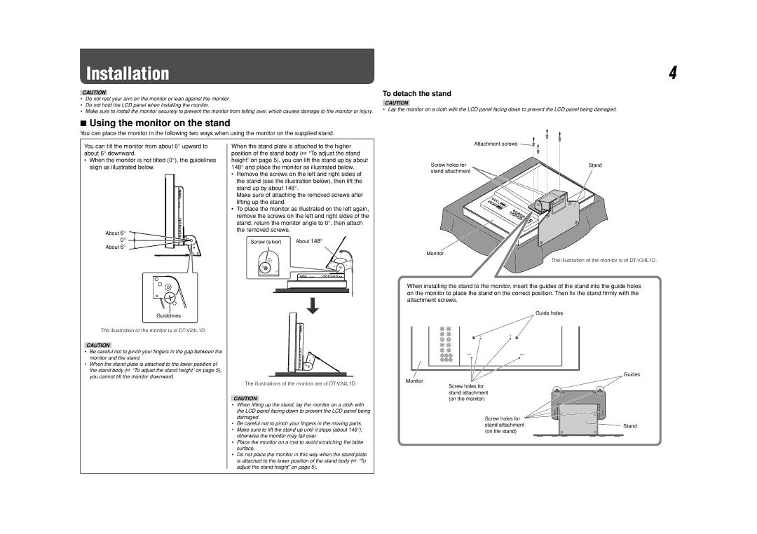 JVC DT-V24L1D, DT-V20L1D specifications Installation, Using the monitor on the stand, To detach the stand 